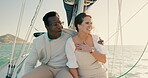 Summer, love and travel with a couple on a yacht together in celebration of an anniversary on a luxury cruise. Smile, freedom or romance with a man and woman on a boat at sea for holiday or vacation