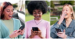 Phone, social media and diversity with a collage of women laughing at a meme or good news online. Mobile, internet and funny reaction with young people reading a text message joke in a summer montage