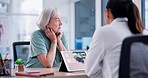 Talking, senior woman and a doctor with a tablet for healthcare discussion, support or planning. Communication, office and an elderly patient with a medical employee for results on technology