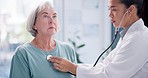 Doctor, elderly woman and breathe with stethoscope for listening to heartbeat, healthcare consultation and cardiology test in clinic. Medical worker, lungs and chest assessment of patient in hospital