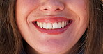 Teeth, closeup and woman with a smile on face for happiness outdoor in nature and wellness in summer. Happy, face or healthy tooth, care or skincare and person with freedom, joy or pride in cosmetics