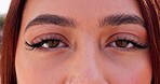 Eyes, vision and portrait with woman and lashes, awareness and beauty, optometry closeup and cosmetics. Natural, eye care and eyebrow with eyesight, microblading and 
ophthalmology with perception