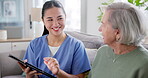 Tablet, retirement and nurse with old woman on sofa for consulting, help and communication. Healthcare, medical and support with caregiver and patient in nursing home for insurance and advice
