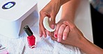 Hands on woman at salon, cleaning nail polish with technician for beauty, luxury grooming or cosmetics. Professional manicure service, self care and girl at spa for paint, wellness and color on nails