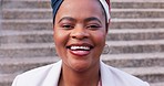Face, business and black woman with a smile, outdoor and funny with a career, professional and worker. Portrait, happy entrepreneur and African person in a city, corporate and laughing with startup