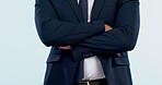 Arms crossed, suit and torso of business man in studio isolated on a white background. Hands folded, confident professional and body of corporate lawyer, attorney success and job of employee worker