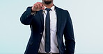 Hand, keys and a man realtor on a white background in studio closeup for property sale or investment. Property, broker or agent in a suit for finance, mortgage loan or bond success in real estate