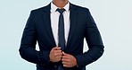 Fashion, suit and formal with a business man getting ready closeup in studio on a white background. Corporate, professional and work style with a confident employee dressing for the start of work