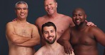 Men, body positivity and face with diversity, support and beauty on a dark studio background. Portrait, group and happy guys with pride, solidarity and friends with motivation, inclusion and care