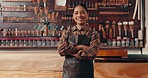 Leather work, portrait of woman in workshop with tools and manufacturing of unique textile product. Smile, small business owner and girl at factory with confidence, pride and happy at repair service.