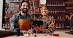 Leather factory, portrait of man and woman with tablet, discussion and tools for manufacturing of unique textile product. Ecommerce, online sales and happy team at small business tannery together.