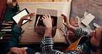 Box, team and people packing for delivery, shipping and ecommerce in leather workshop top view. Package, boxes and stock in small business for logistics, distribution of order and tablet mockup space