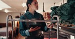 Tablet, leather workshop and woman on ladder at shelf for fabric choice in small business. Tech, craft and person select tannery textile in factory for production, manufacturing and work on steps