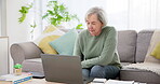 Senior woman, laptop and writing on couch for life insurance and retirement policy in living room of home. Old person, computer and documents for financial budget, house payment and tax investment