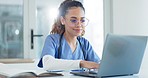 Laptop, doctor or woman with online consultation, glasses or connection with conversation, webinar or treatment. Person, medical professional or worker with video call, diagnosis or help with eyewear