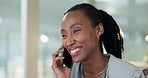 Phone call, happy black woman and talking in office, communication and business news. Smartphone, smile and African professional in conversation, chat and consultant in discussion on social network