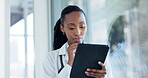 Doctor, woman thinking and tablet for healthcare, hospital or clinic solution, software management or decision. medical worker or african person with telehealth vision or goals on digital technology