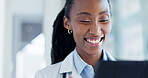 Doctor, tablet and face of laughing black woman reading funny communication, hospital review or online medical feedback. Clinic, comedy joke or professional surgeon, nurse and check telehealth report