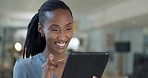Smile, black woman and tablet in office, research and typing to network on social media. Technology, professional and happy African consultant on internet, scroll on business email and reading news