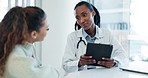 Doctor, tablet and black woman consultation with patient about medical diagnosis, hospital test or health. Clinic, client relief and professional surgeon consulting with person on good exam results