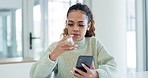 Home, pills and woman with a smartphone, research and checking medicine with connection, website information and network. Person, healthy girl or lady with a cellphone, search internet and medication