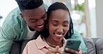 Home, love and black couple with a smartphone, marriage and connection with surprise, social media and chatting. African people, man and woman on a couch, cellphone and mobile user with relationship