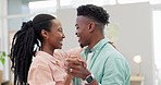 Couple, dance and happy in home for love, support and relax together with fun partner in relationship. Black people, man and woman laugh with freedom to celebrate anniversary date, romance or loyalty