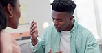 Frustrated, fight and black couple on a living room sofa with divorce and marriage problem talk. Home, relationship crisis and conflict with discussion of young people with trouble and anxiety