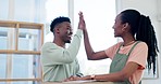 Couple, high five and packing box or moving house for real estate, relocation and property investment. Black man and woman excited to celebrate new home, mortgage loan or achievement and success