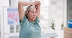 Old woman, stretching and physical therapy with elderly care, health and body wellness at chiropractic clinic. Physio, healthcare and rehabilitation for fitness and help with arthritis and muscle 