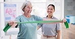 Physiotherapy, exercise and old woman with resistance band, therapist helping with injury rehabilitation training. Osteoporosis, strength or stretching in workout for physiotherapist in clinic