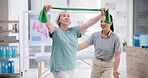 Physiotherapy, exercise and senior woman with resistance band, equipment or therapist helping in rehabilitation training. Osteoporosis, strength or stretching in workout for physiotherapist in clinic