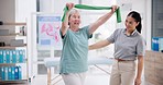 Physiotherapy, therapist and old woman in exercise with resistance band, equipment and help in rehabilitation training. Muscle, strength or stretching arms in workout with physiotherapist in clinic