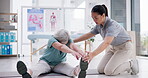 Physical therapy, senior woman and stretching legs for recovery, workout exercise and healing injury. Physiotherapy, elderly patient and chiropractor help in rehabilitation, wellness and body health