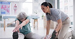 Physiotherapy, elderly woman and stretching legs for recovery, exercise workout and healing injury. Physical therapy, senior person and chiropractor help in rehabilitation, wellness and body health