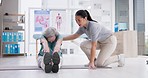 Physical therapy, senior woman and stretching legs for recovery, exercise workout and healing injury. Physiotherapy, elderly person and chiropractor help in rehabilitation, wellness and body health