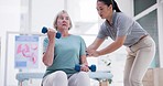 Physiotherapy, chiropractor and old woman with dumbbells, support and healthcare rehabilitation with wellness. Elderly person, physical therapist or senior lady with help, healing and muscle recovery