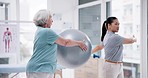 Senior care, physiotherapist and women with gym ball for rehabilitation, muscle and support in healthcare. Physio, elderly person with caregiver and help with exercise, workout and mobility training.