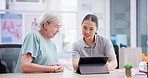 Doctor, senior woman and tablet for medical service, consultation and health history, funny conversation and info. Physiotherapy nurse and elderly patient on digital tech of test, progress or results