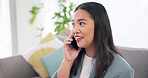 Phone call, happy and Asian woman talking on sofa in home, chat and conversation. Smartphone, speaking and person smile on couch in lounge, listen to news and social network of contact in living room