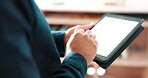 Tablet screen, hands and person online for mockup communication, networking and search on website. Behind employee with technology for internet connection, social media business or email information