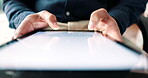 Hands, tablet screen and typing online for mockup communication, networking and search on a website. Closeup of a business person with technology for internet connection, social network and email