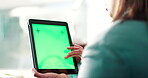 Hands, green screen and person with tablet and mockup for communication, networking or search on website. Behind a woman with technology for internet connection, social network and tracking markers