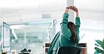 Back, break and a woman stretching in a call center for support, customer service or telemarketing. Contact us, crm and consulting with a sales agent in her office after helping a client online