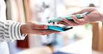 People, hands and pos machine with phone for payment, checkout or wireless transaction at boutique store. Closeup of person, customer or small business owner paying with mobile smartphone app or tap