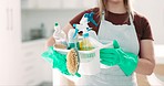 Woman with basket, cleaning chemical and hygiene with bottle of disinfectant spray, brush and service. Housekeeper, maintenance and sanitizer, hospitality and tools, cleaner with liquid detergent