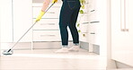 Mop, janitor dancing and cleaning floor for hygiene, disinfection and maintenance for health and housekeeping. Cleaner person, bacteria and tools for washing tiles, service and labor with cleanliness