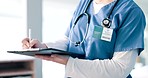 Hands, writing and woman doctor with clipboard in a hospital with insurance, documents and compliance closeup. Healthcare, zoom and female nurse with paperwork for schedule, checklist or appointment