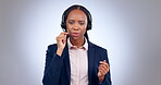 Call center, headphones and woman for customer service in studio talk on microphone for technical support. Contact us, person and consultant in communication with client for insurance and help