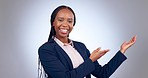 Face, business woman and presentation of space in studio, mockup or announcement of promotion on grey background. Portrait, happy african worker and advertising deal, feedback or information about us